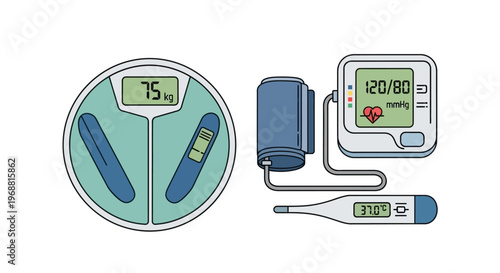 Health and wellness measurement devices such as a weight scale, blood pressure monitor, and thermometer in a bright studio.