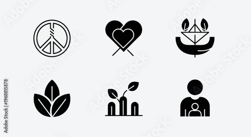 Set of Icons Representing Peace, Love, Nature, and Community