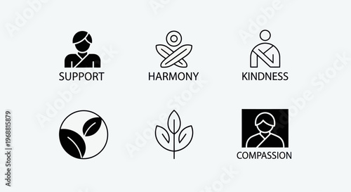 Set of Icons Representing Positive Values: Support, Harmony, Kindness, Nature, Compassion