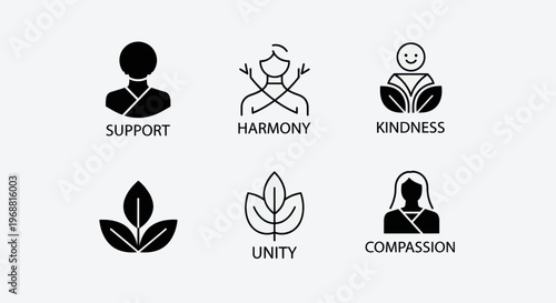 Set of Icons Representing Support, Harmony, Kindness, Unity, Compassion