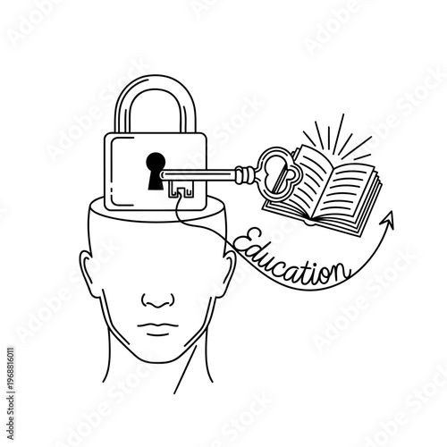 An illustration of a person's head with a padlock and key unlocking education