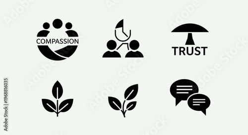 Set of Icons Representing Compassion, Teamwork, Trust, Growth, and Communication