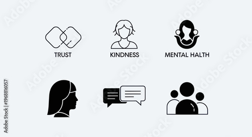 Set of Icons Representing Trust, Kindness, Mental Health, Communication, and Community