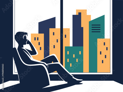 A man sits in a chair by a window looking out at the city skyline while on the phone