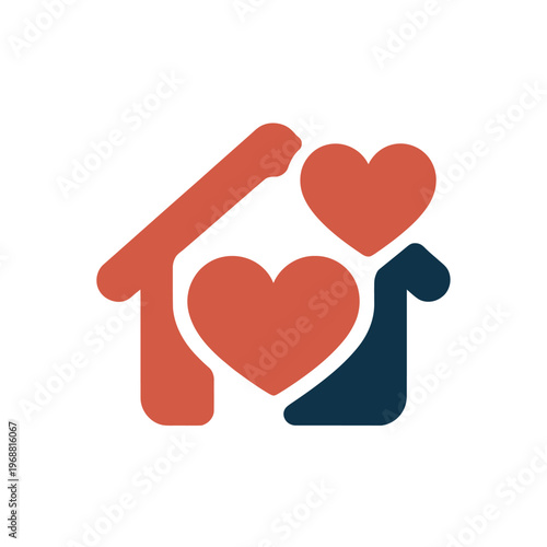 A logo featuring a house with a heart and two people showing love and care