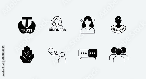 Set of Icons Representing Trust, Kindness, Support, Communication, and Teamwork