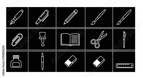 Stationery Icons Set: Pens, Pencils, Brushes, Scissors, Erasers, Ruler, Ink Bottle