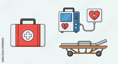 Emergency medical response equipment featuring a first aid kit, defibrillator, and patient gurney in a bright studio.