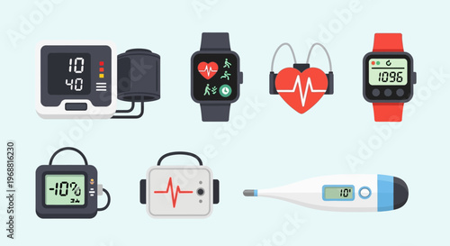 Collection of wearable and portable health monitoring devices including smartwatches, heart rate monitors, and thermometers in a bright studio.