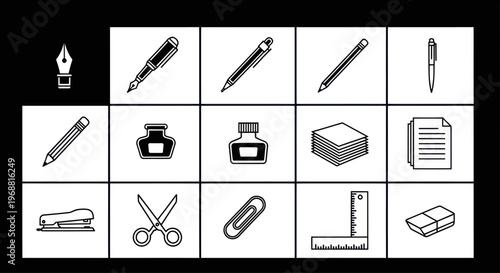 Stationery Icons Set: Pens, Pencils, Ink, Scissors, Stapler, Ruler, Eraser