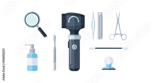 Medical examination tools set with magnifying glass, otoscope, scalpel, and antiseptic spray on an isolated white background.