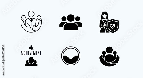 Teamwork and Success Icons: Collaboration, Security, Achievement
