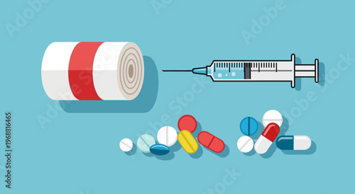 Syringe for injection, bandage roll, and assorted colorful pills with capsules for medical treatment in a bright studio.
