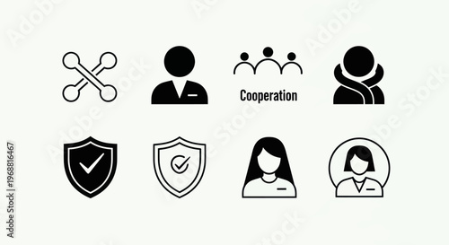 Teamwork and Security Icons: Cooperation, People, Shield, Network