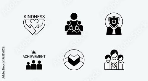 Teamwork and Support Icons: Kindness, Achievement, Security, Community