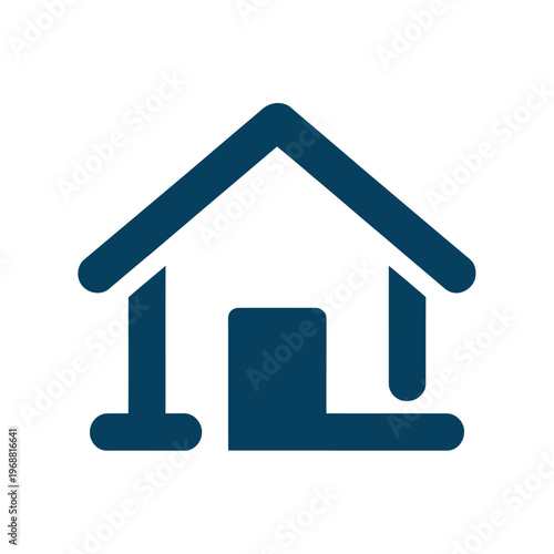 A simple blue icon of a house with a triangular roof and a rectangular door on a white background
