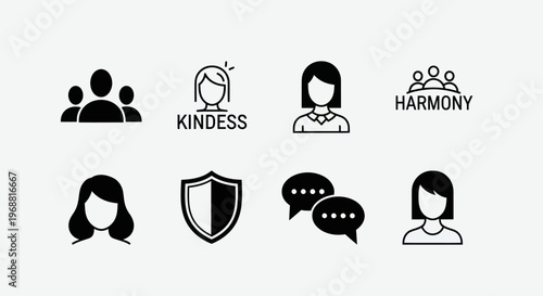 Teamwork, Kindness, Harmony, Communication, Security Icons Set