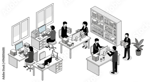 Office workers collaborating and working at desks with computers.