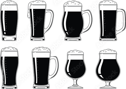 Comprehensive black and white vector set featuring eight distinct beer glasses and mugs, each filled with frothy beverage, perfect for menus and bar graphics.