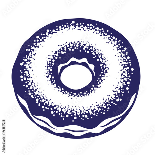 Dark blue donut with white sugar sprinkles and wavy icing pattern on a white background doughnut pastry