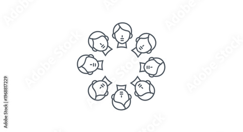 Eight faceless people in a circle.