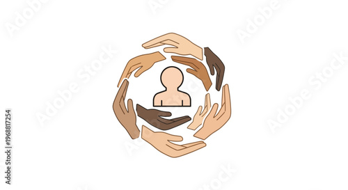 Diverse hands forming a protective circle.