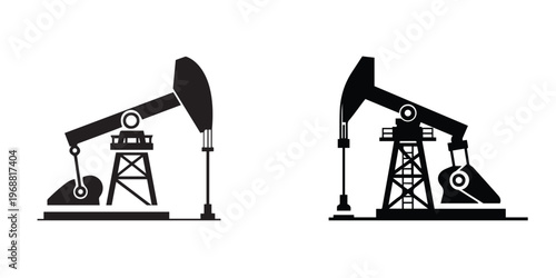 Oil pump jack icon set in outline and solid styles. Petroleum vector symbols