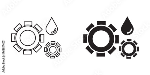 Oil gear icon set in outline and solid styles. Lubricant vector symbols