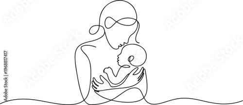 Mother and baby continuous single line art and isolated outline vector design. one line Icon drawing