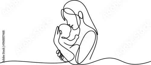 Mother and baby continuous single line art and isolated outline vector design. one line Icon drawing