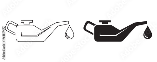 Oil can icon set in outline and solid styles. Lubricant vector symbols
