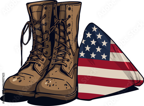 Patriotic Military Boots with Folded American Flag Illustration