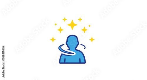 A blue icon of a person with a glowing aura and stars.