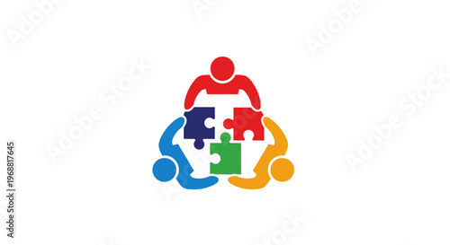 Diverse people connecting puzzle pieces together.