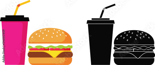 A vibrant illustration showcases a pink soda a classic hamburger and their stark black and white counterparts side by side high quality professional