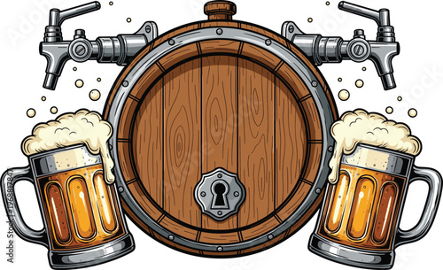 Detailed and colorful illustration of a classic wooden beer barrel with taps, flanked by two overflowing mugs of frothy golden beer.