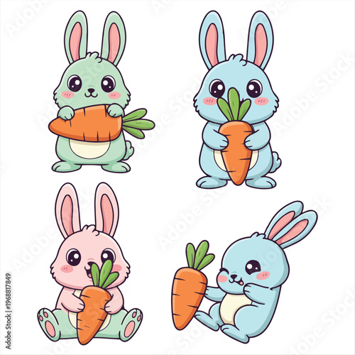 Cute Cartoon Bunnies Holding Carrots Illustration Set
