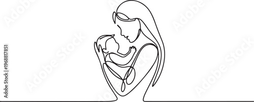 Mother and baby continuous single line art and isolated outline vector design. one line Icon drawing