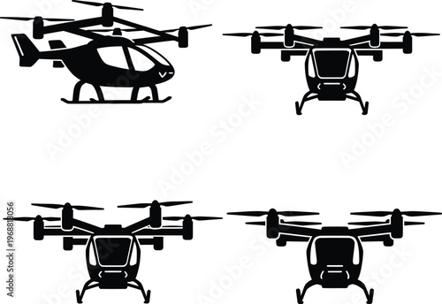 Vector set of eVTOL passenger drone silhouettes, futuristic air taxi icons for urban air mobility