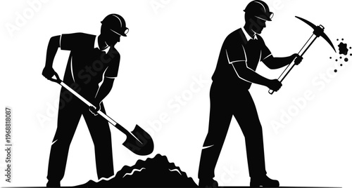 A black and white illustration depicts two miners diligently working one with a shovel and the other with a pickaxe against a