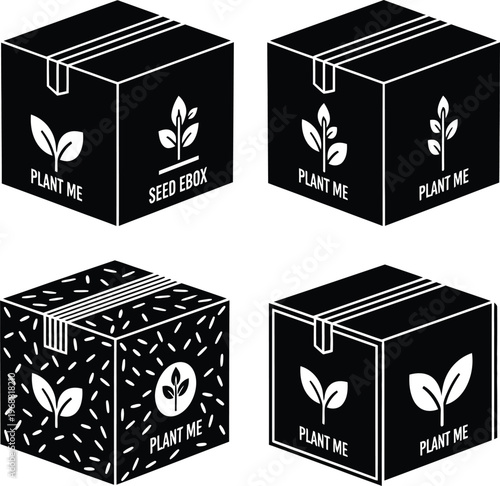 Sustainable Eco-Friendly Seed Packaging Box Icons Vector Set - Plant Me Biodegradable Shipping Boxes