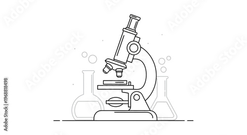 Microscope and laboratory flasks, science and research concept, line art illustration