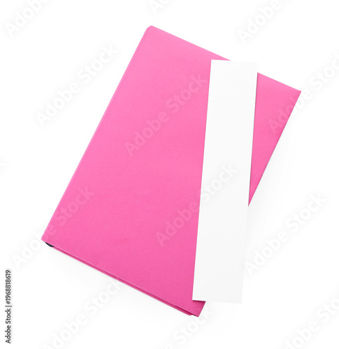 Book with bookmark isolated on white, top view