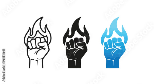 Three stylized fists with flames symbolizing passion, power, and energy in different colors Vector