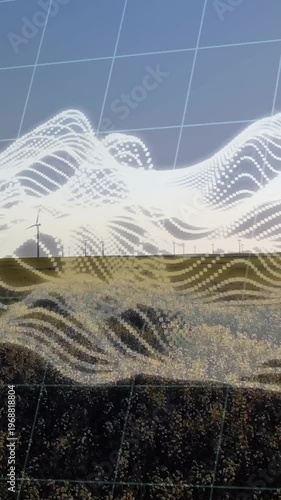 Animated white waveform visualizing real-time turbine data, morphing over grid across wind farm