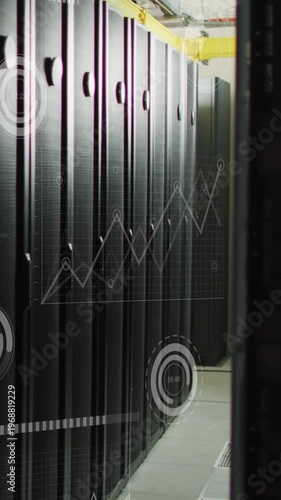 Vertical video: Server racks opening datacenter aisle as camera sliding, chart nodes rising for ops