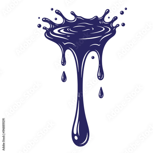 Dark blue liquid splash with concentric ripples and dripping droplets isolated on a white background of a viscous fluid crown shape with falling liquid beads and smooth texture