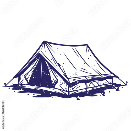 Hand drawn ink of a camping tent with a peaked roof and open entrance flap featuring dark blue lines and scattered ink splatters on a white background