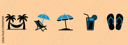 Beach vacation icons set including palm trees hammock lounge chair umbrellas drink and flip flops on a peach background
