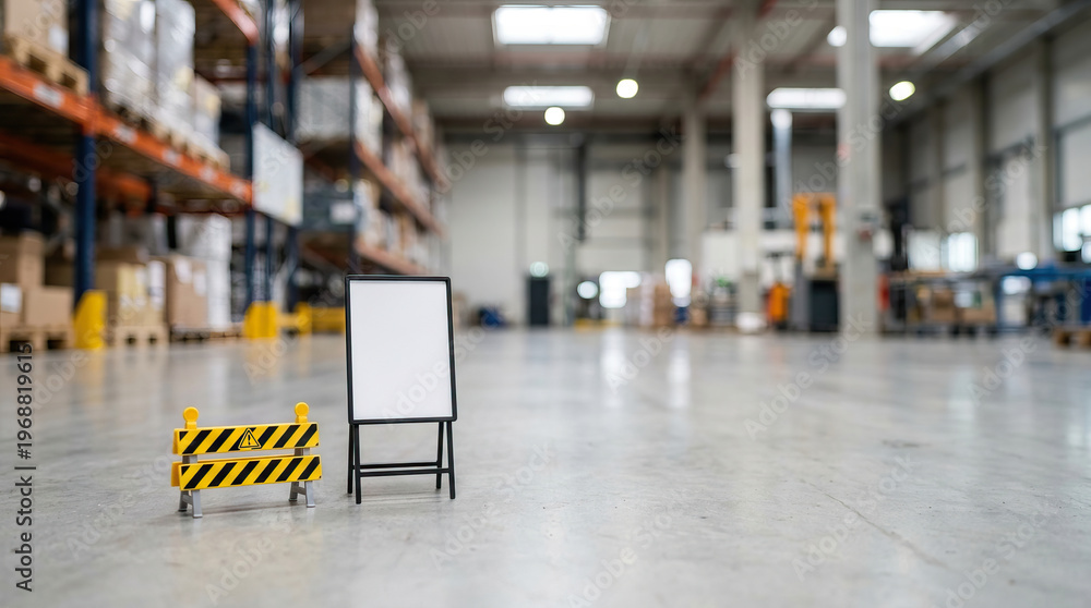 Fototapeta premium Warehouse Barricade Safety Industrial Storage Empty Floor Signboard Yellow Black